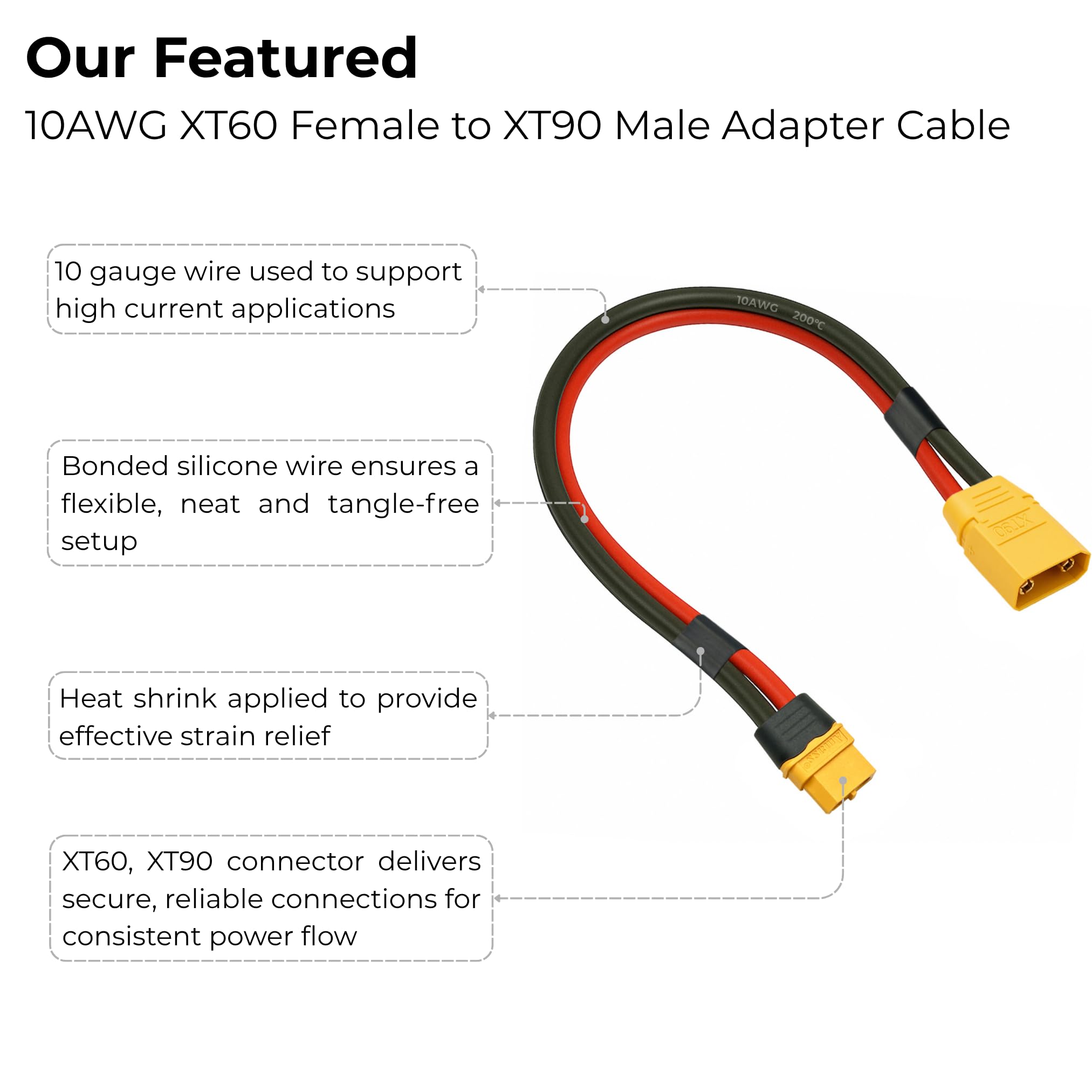 SEBATECH XT60 to XT90 adapter highlighting true 10AWG silicone wire for high-temperature performance.