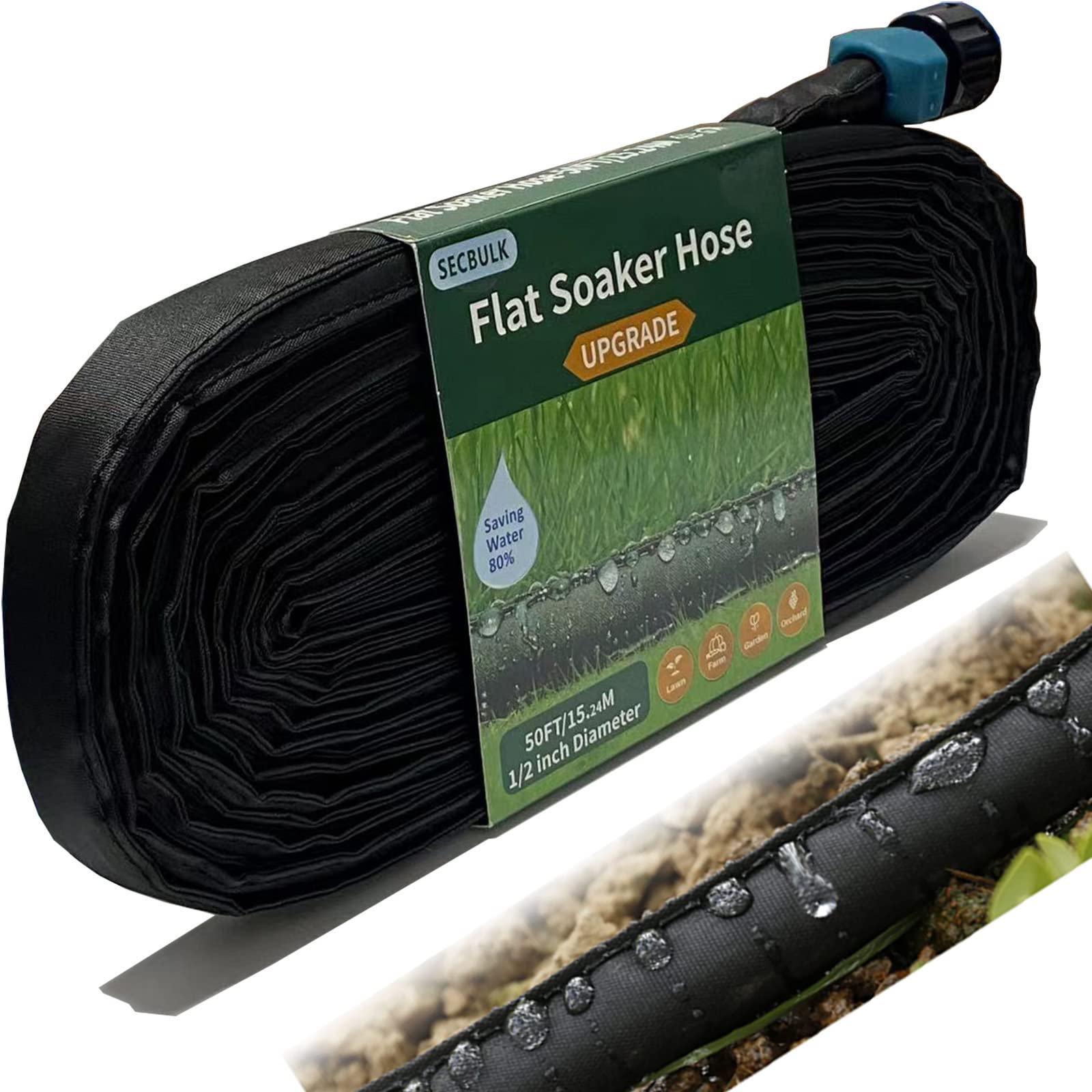 Secbulk 50ft flat soaker hose waters plant bases evenly.