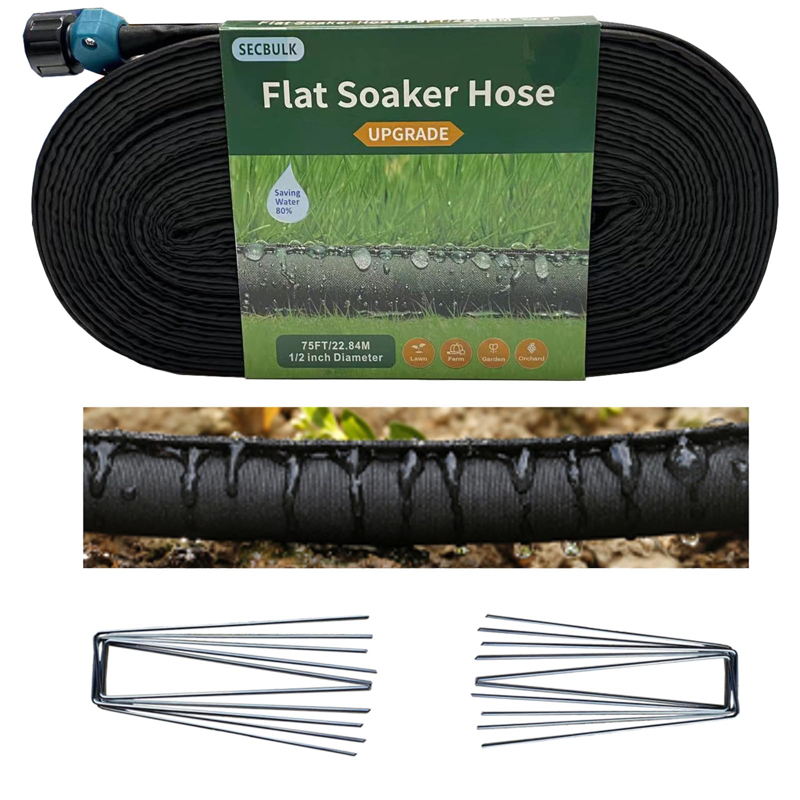 Secbulk flat soaker hose covers 75 ft for even garden watering.
