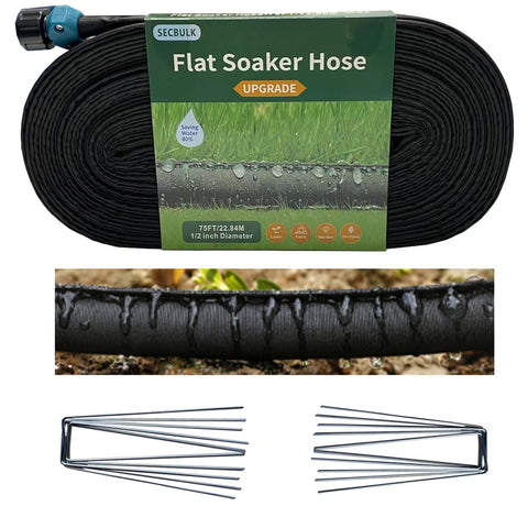 Secbulk flat soaker hose covers 75 ft for even garden watering.