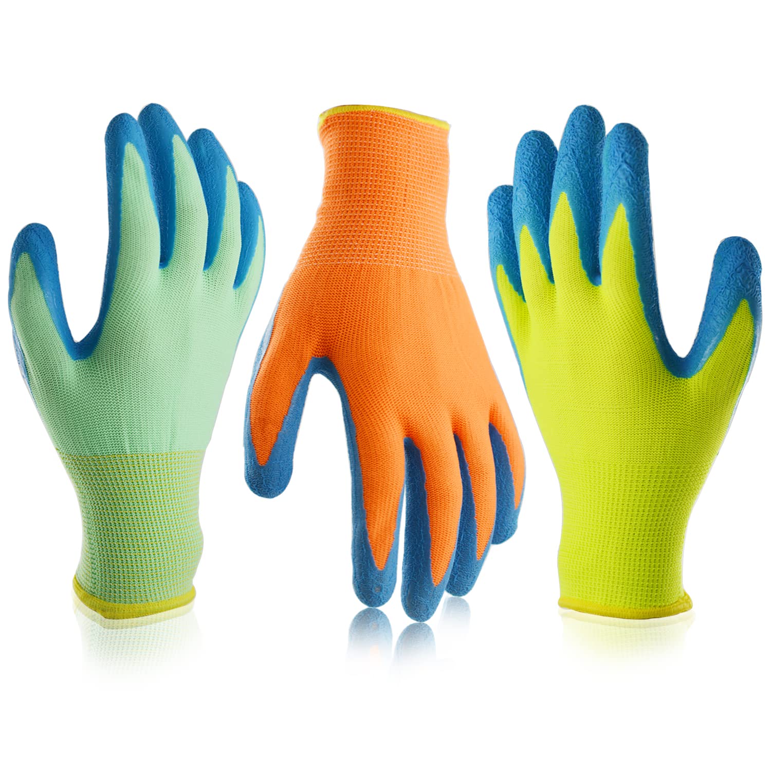SECHAND kids gardening gloves with green crinkled latex palm for secure grip.