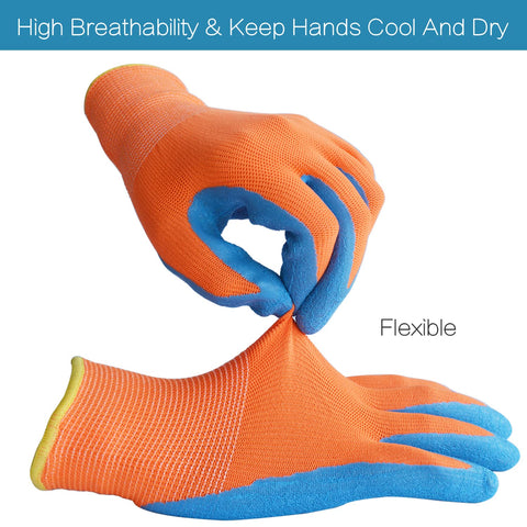 SECHAND kids gardening gloves with orange crinkled latex palm for quick protection.