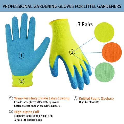 SECHAND kids gardening gloves with yellow crinkled latex palm for reliable grip.