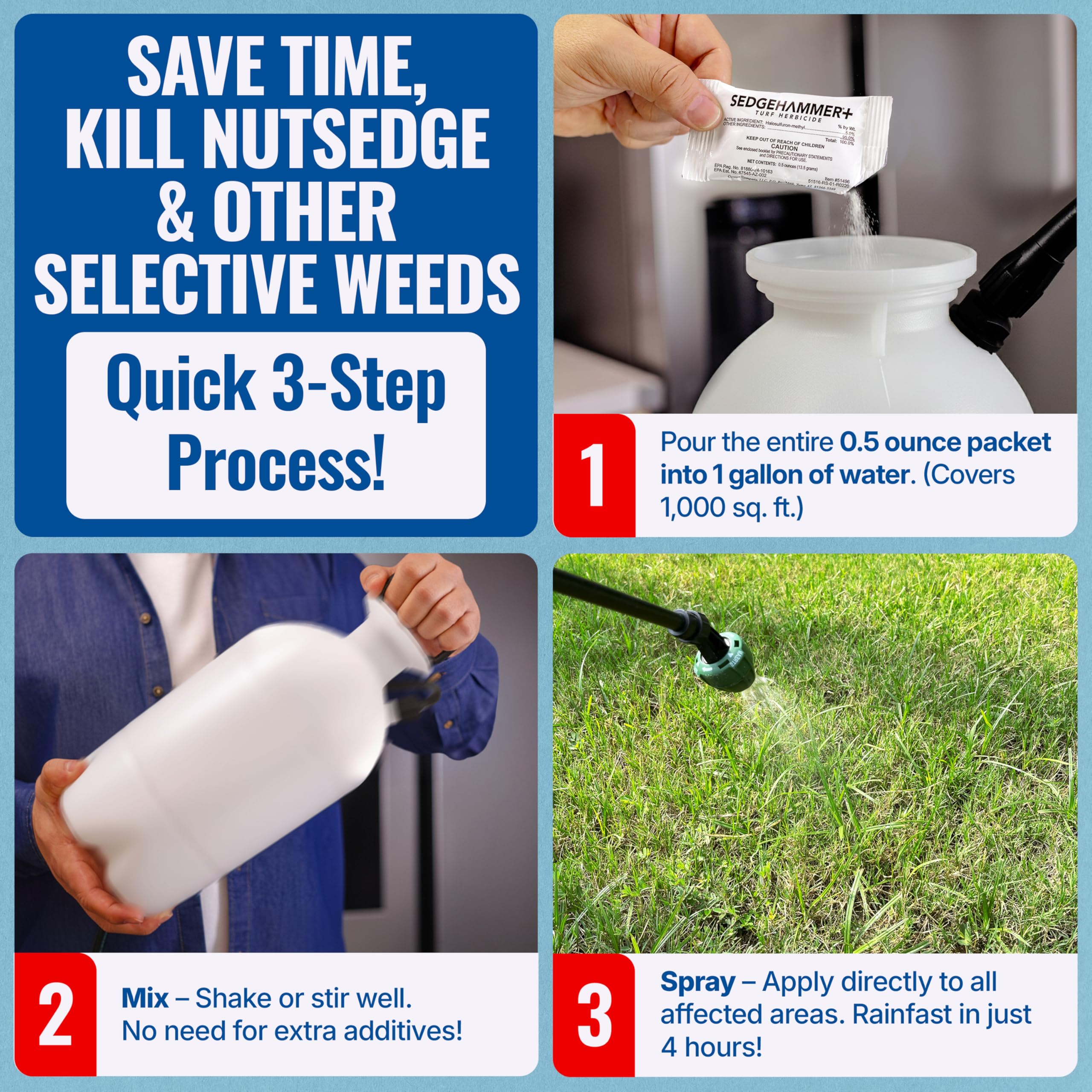 Sedgehammer Plus on lawn demonstrates nutsedge control without damage.