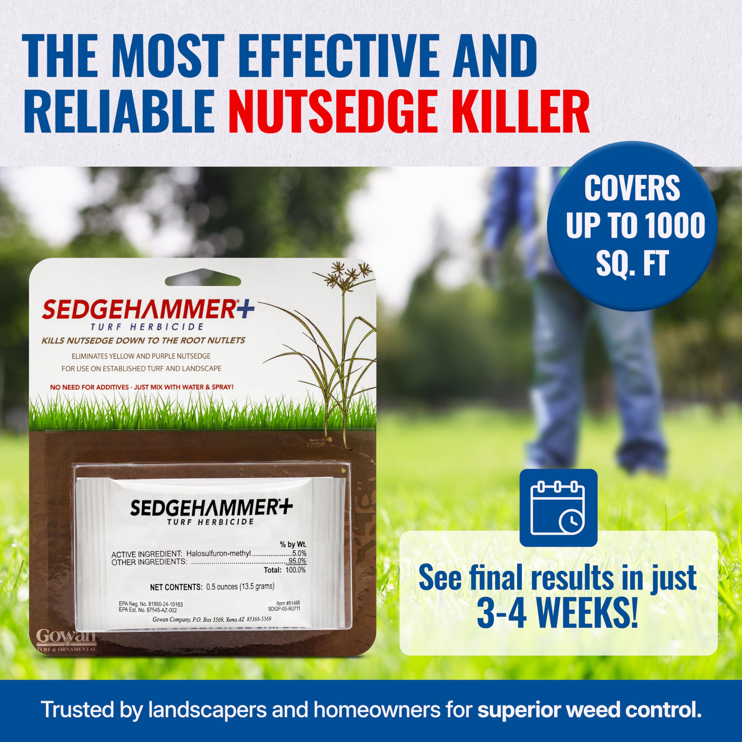 Sedgehammer Plus Turf Herbicide mixing bowl illustrates simple measure-and-apply steps.
