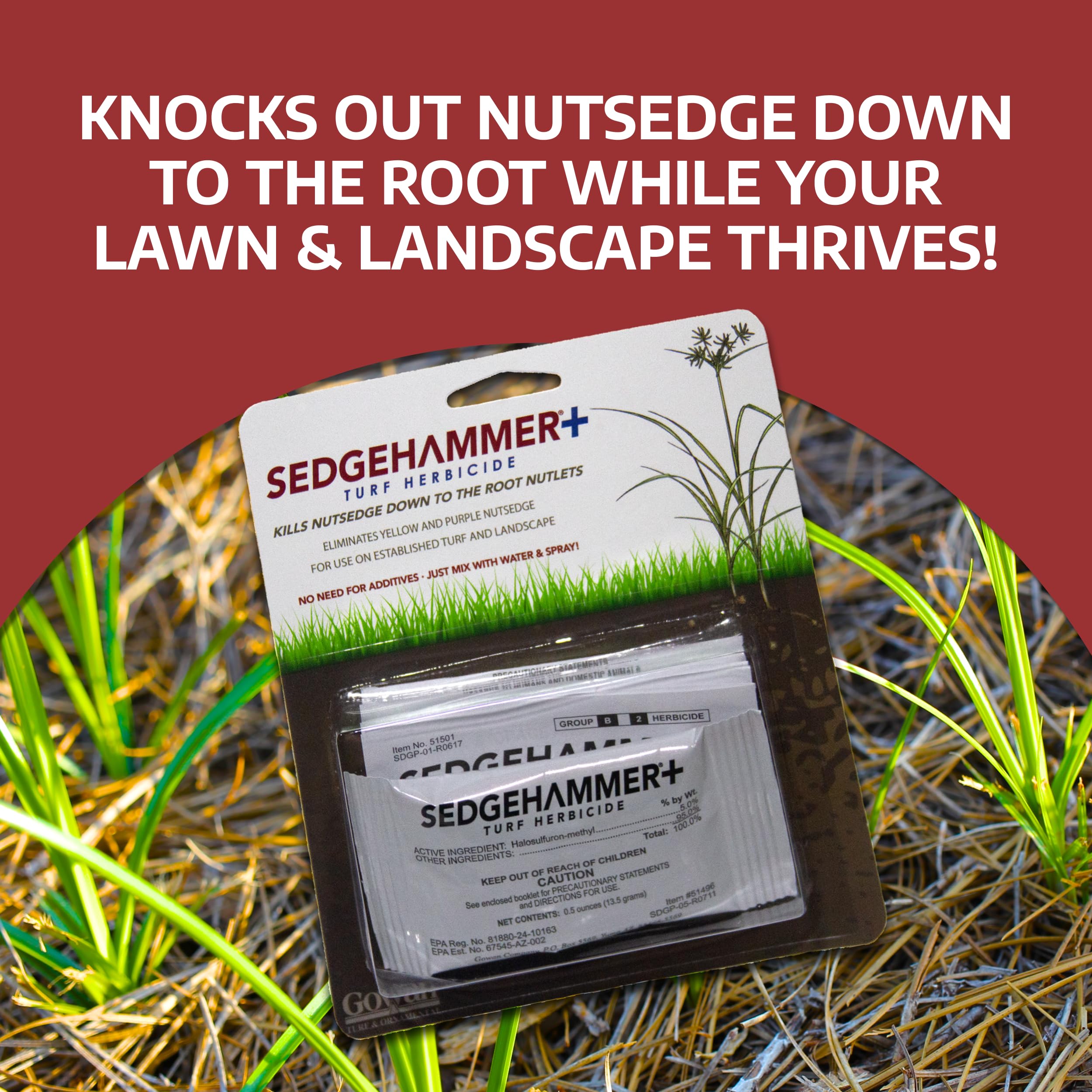 SEDGEHAMMER Plus packet contents illustrating ready-to-mix weed solution