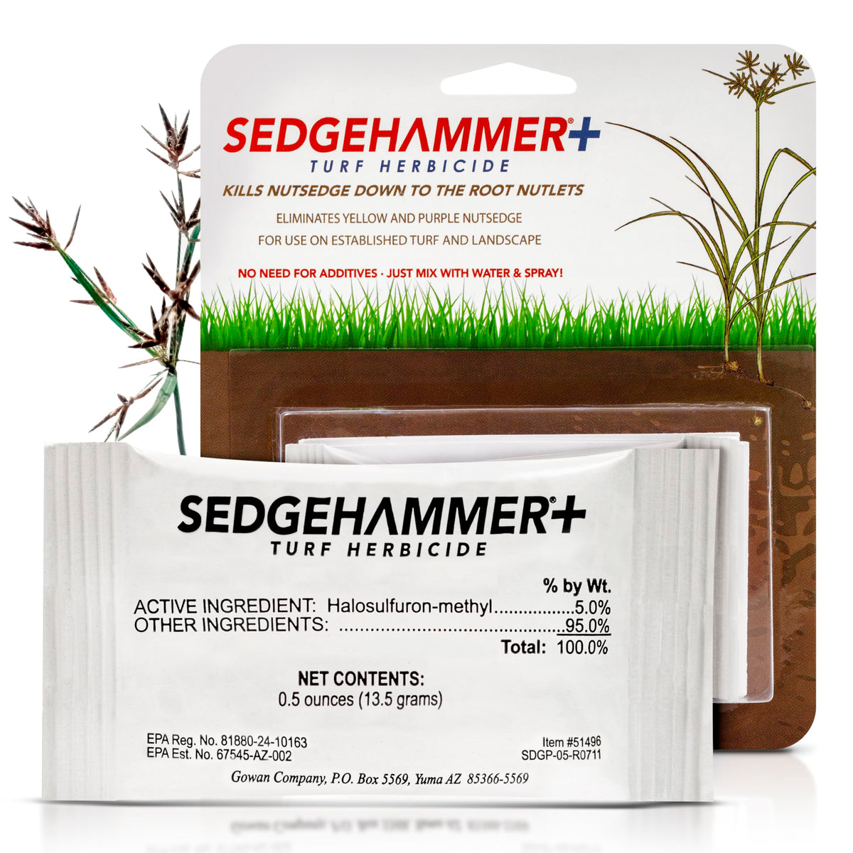 Sedgehammer Plus Turf Herbicide packet enables easy nutsedge control for lawns.