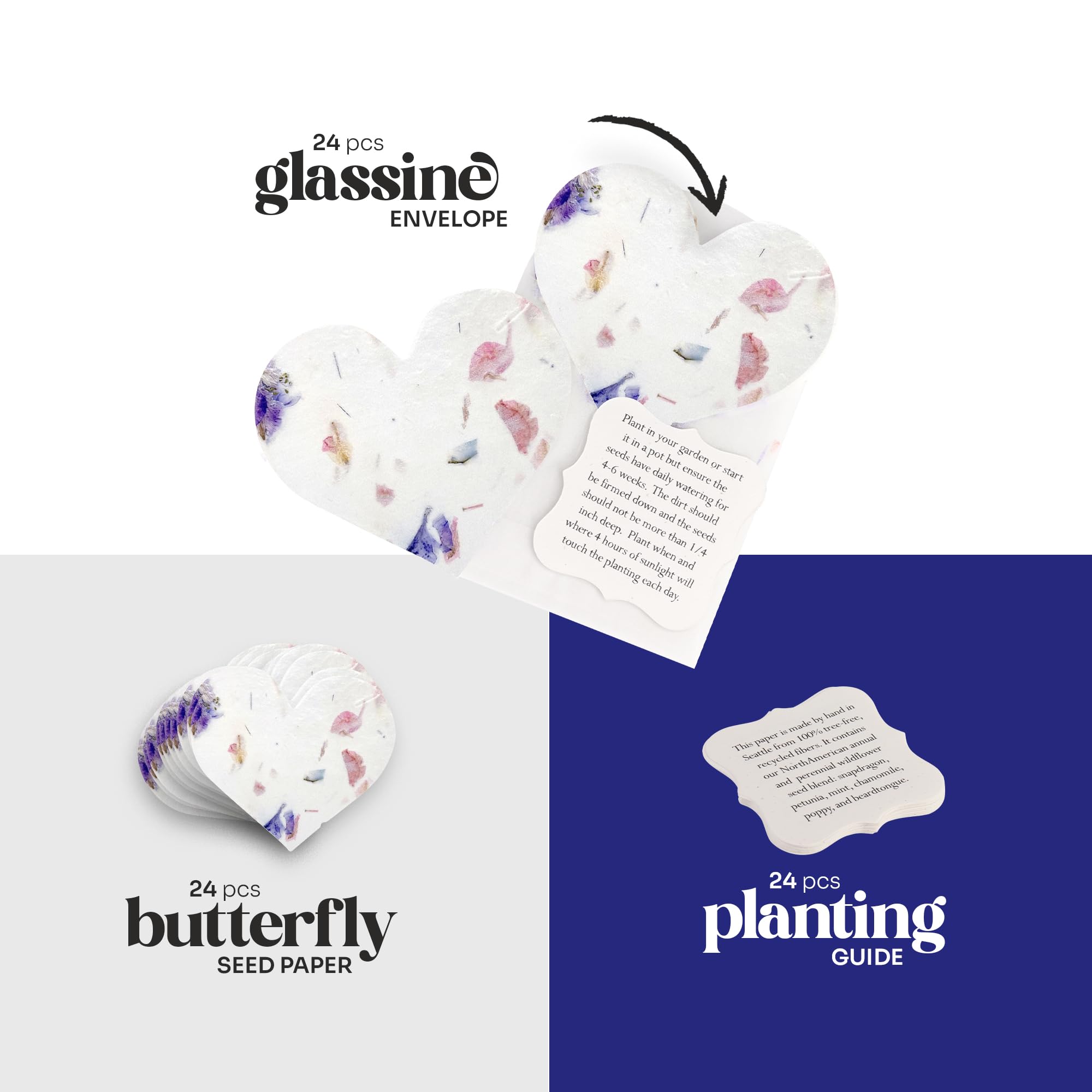 Seed Bloom glassine envelopes paired with pink seed paper hearts.