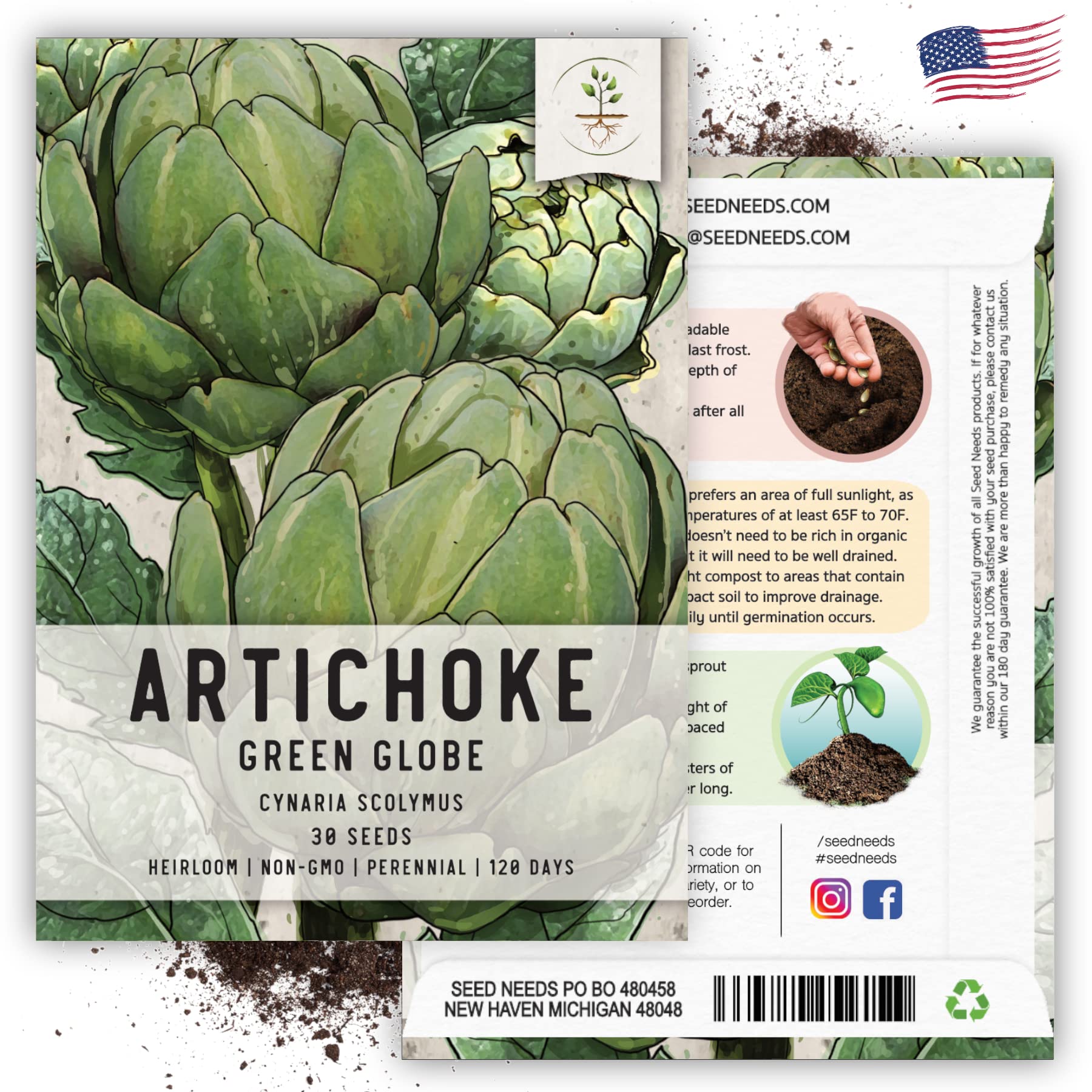 Seed Needs packaging-gmo-free-heirloom emphasizes fresh seeds stored for upcoming seasons.
