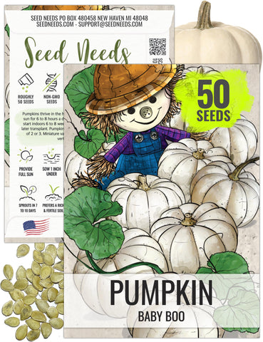 Seed Needs Baby Boo pumpkin seeds pack front for easy home gardening with non-GMO heirloom seed.