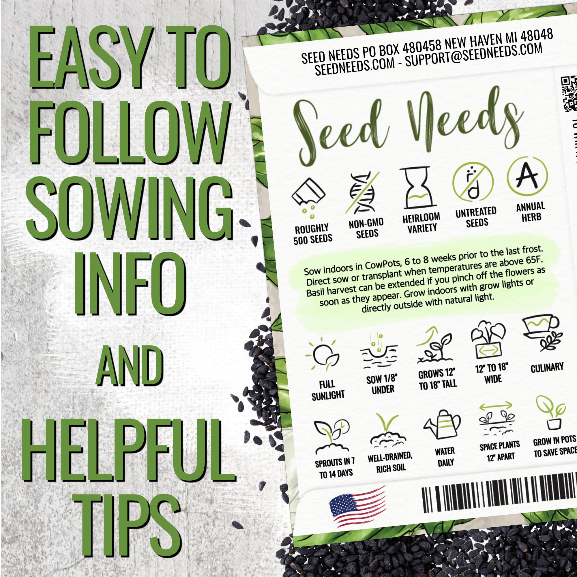 Seed Needs Basil Seeds Italian Large Leaf Packet for balcony herb gardening.
