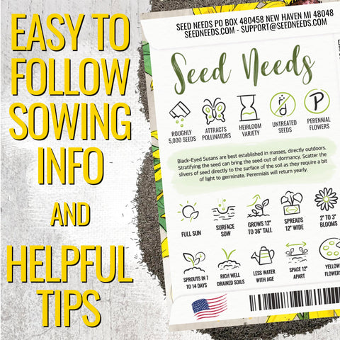 Seed Needs label on back shows sowing tips and timing