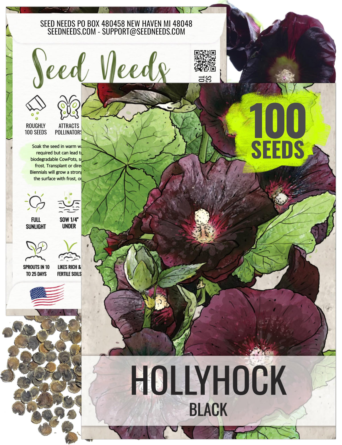 Seed Needs Black Hollyhock seeds pack front with sowing information for gardeners.