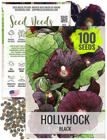 Seed Needs Black Hollyhock seeds pack front with sowing information for gardeners.