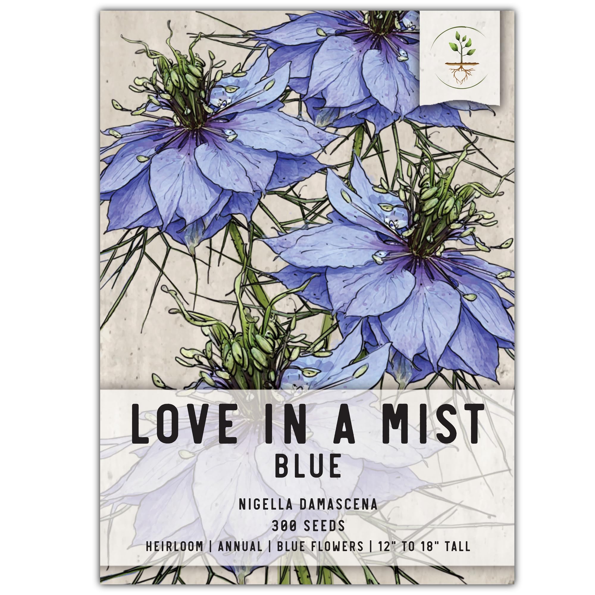 Seed Needs Blue Love in a Mist seed packet front showcases heirloom Nigella ready for planting
