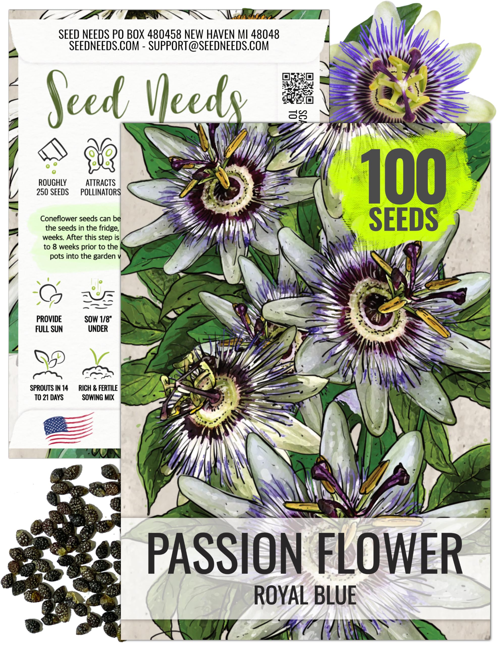 Seed Needs Blue Passion Flower Seeds with blue-and-white blooms for vibrant garden color.
