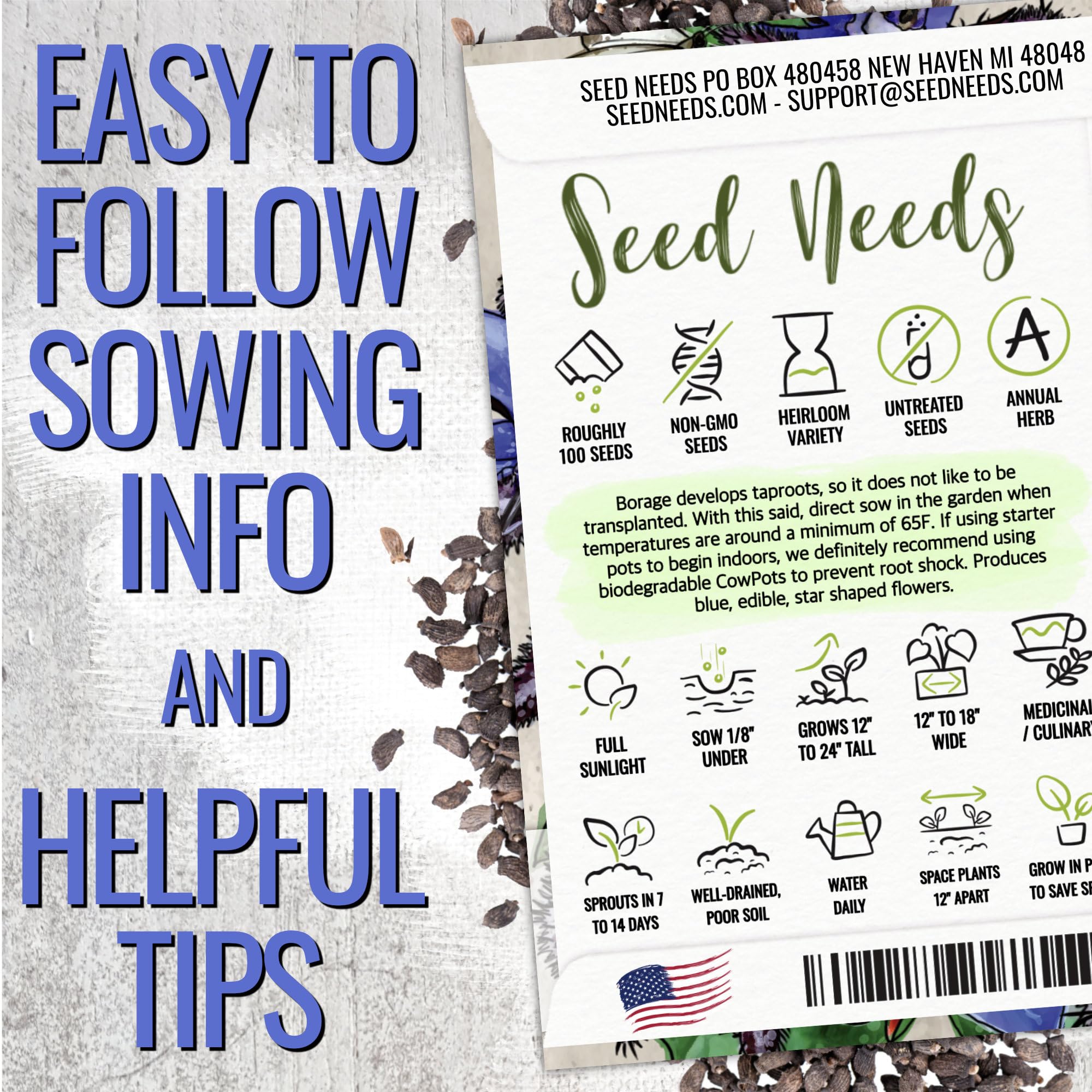 Seed Needs Borage edible flowers add color and flavor to salads and desserts.