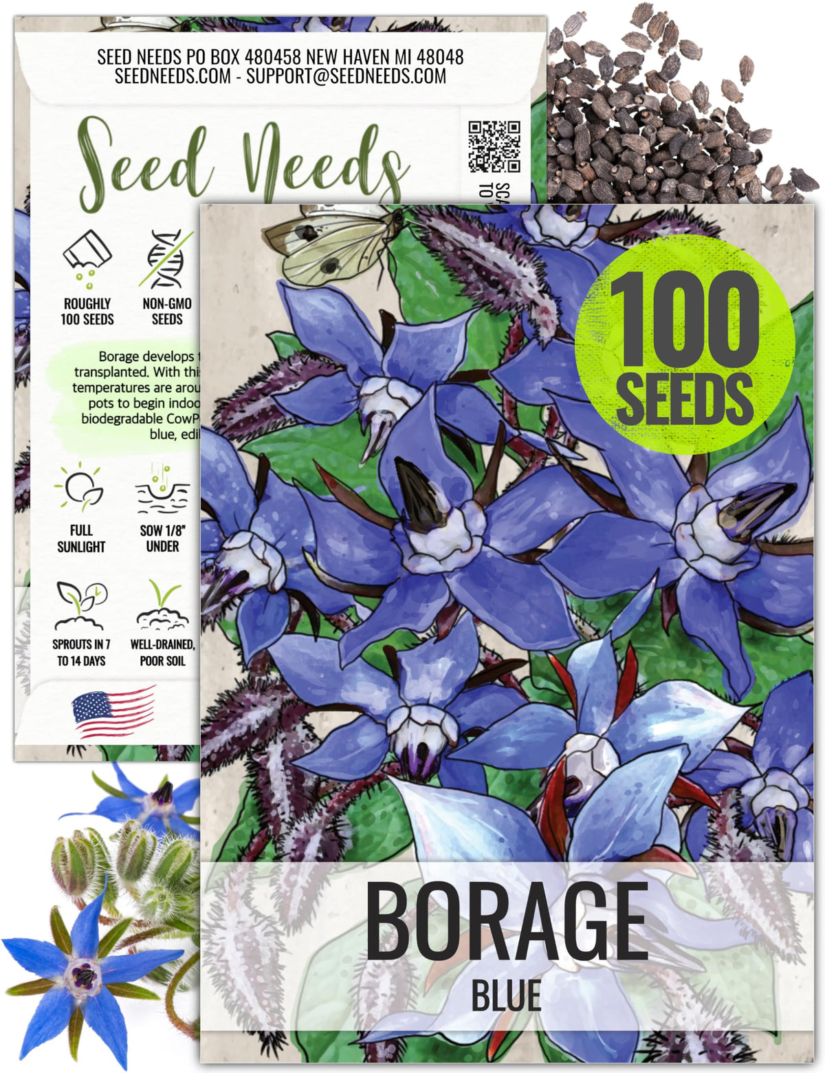 Seed Needs Borage seeds packaging illustration with sowing instructions for home gardens.
