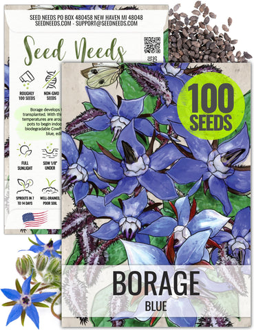 Seed Needs Borage seeds packaging illustration with sowing instructions for home gardens.