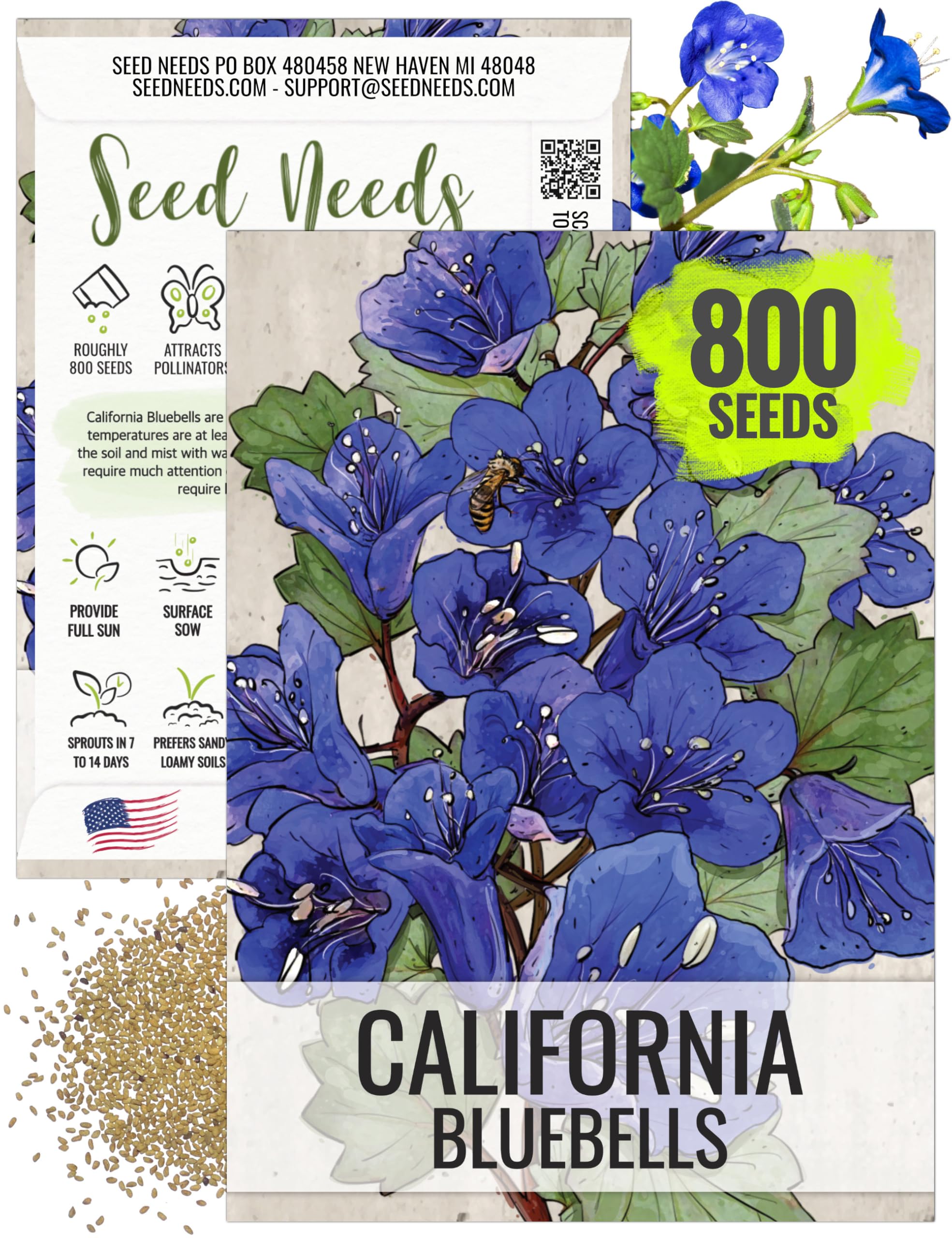 Seed Needs California Bluebell seed packet artwork showing vibrant blue bells for spring color