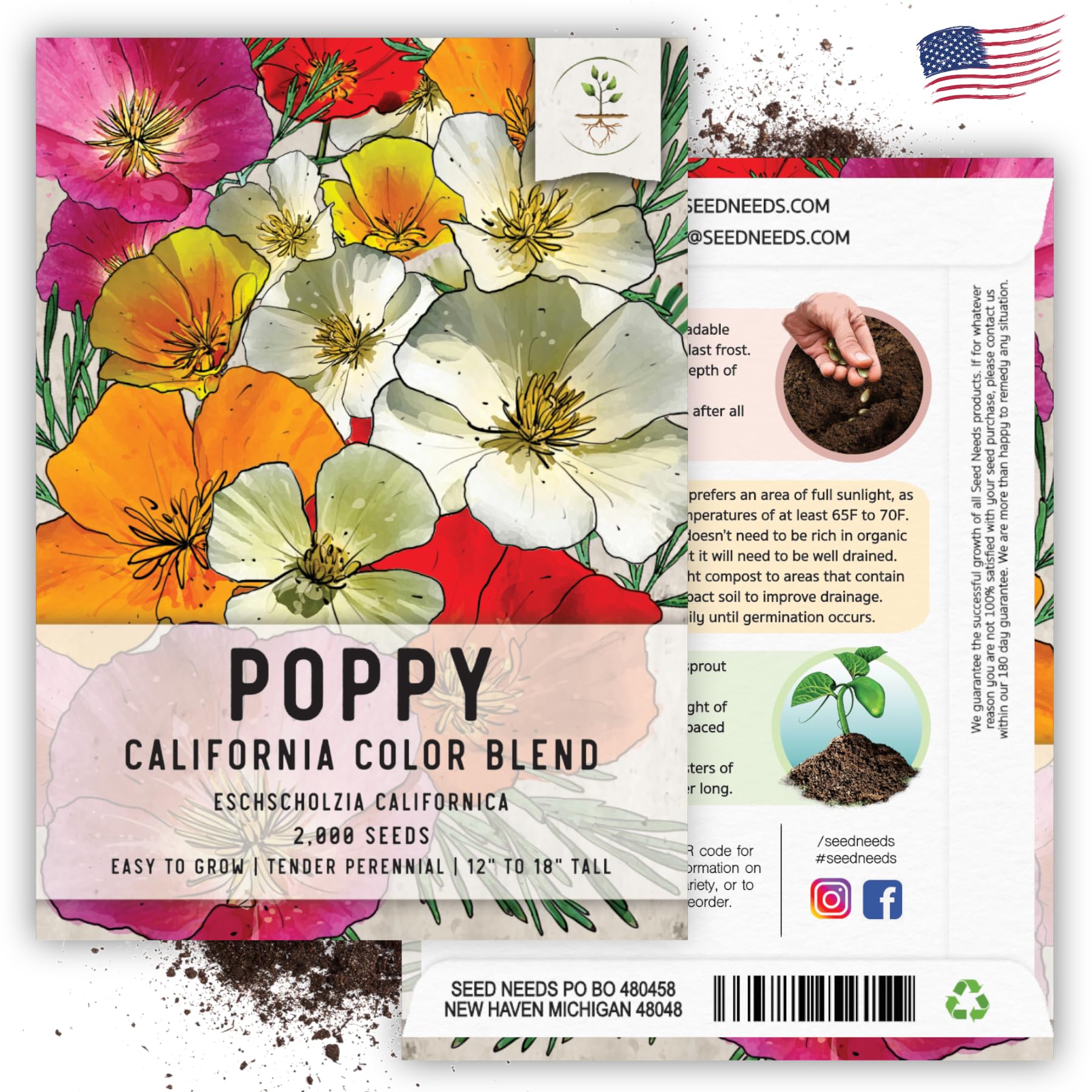 Seed Needs California poppy seed packet back with sowing guidance for gardeners.