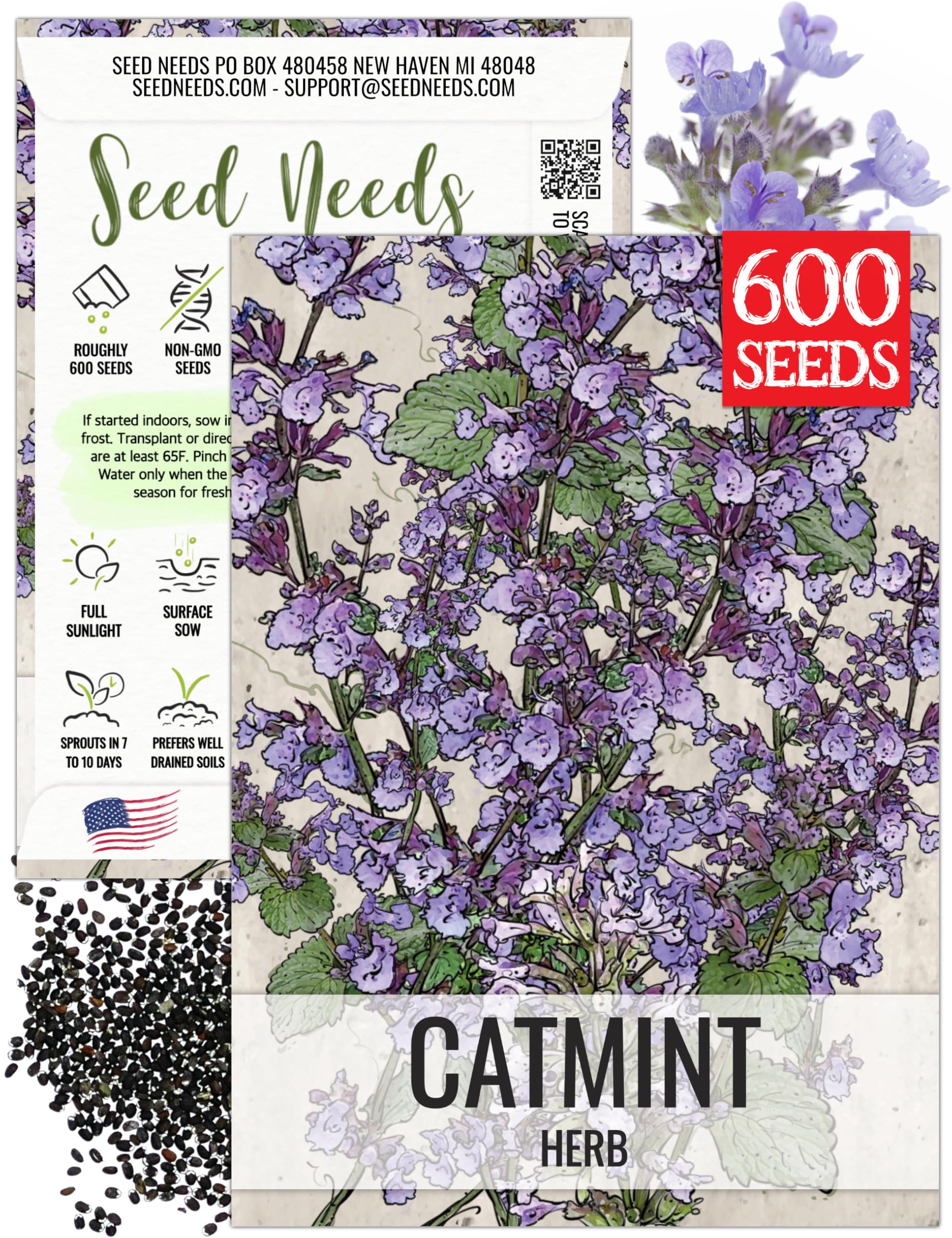 Seed Needs Catmint seed pack front with Nepeta mussinii illustration for easy planting.