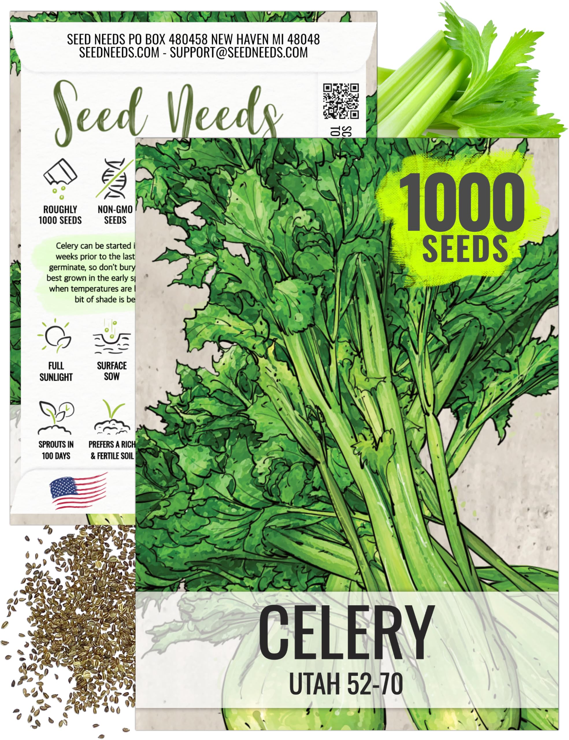 Seed Needs Utah 52-70 celery seeds packet front for planting in home gardens.