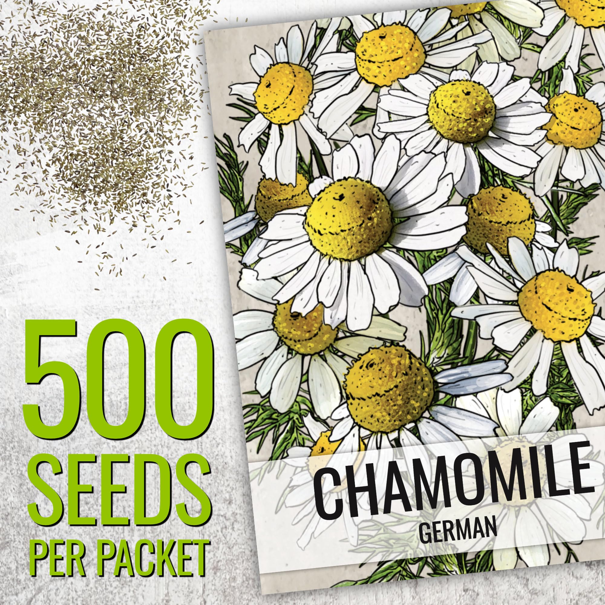 Seed Needs German chamomile seed packaging with sowing instructions.