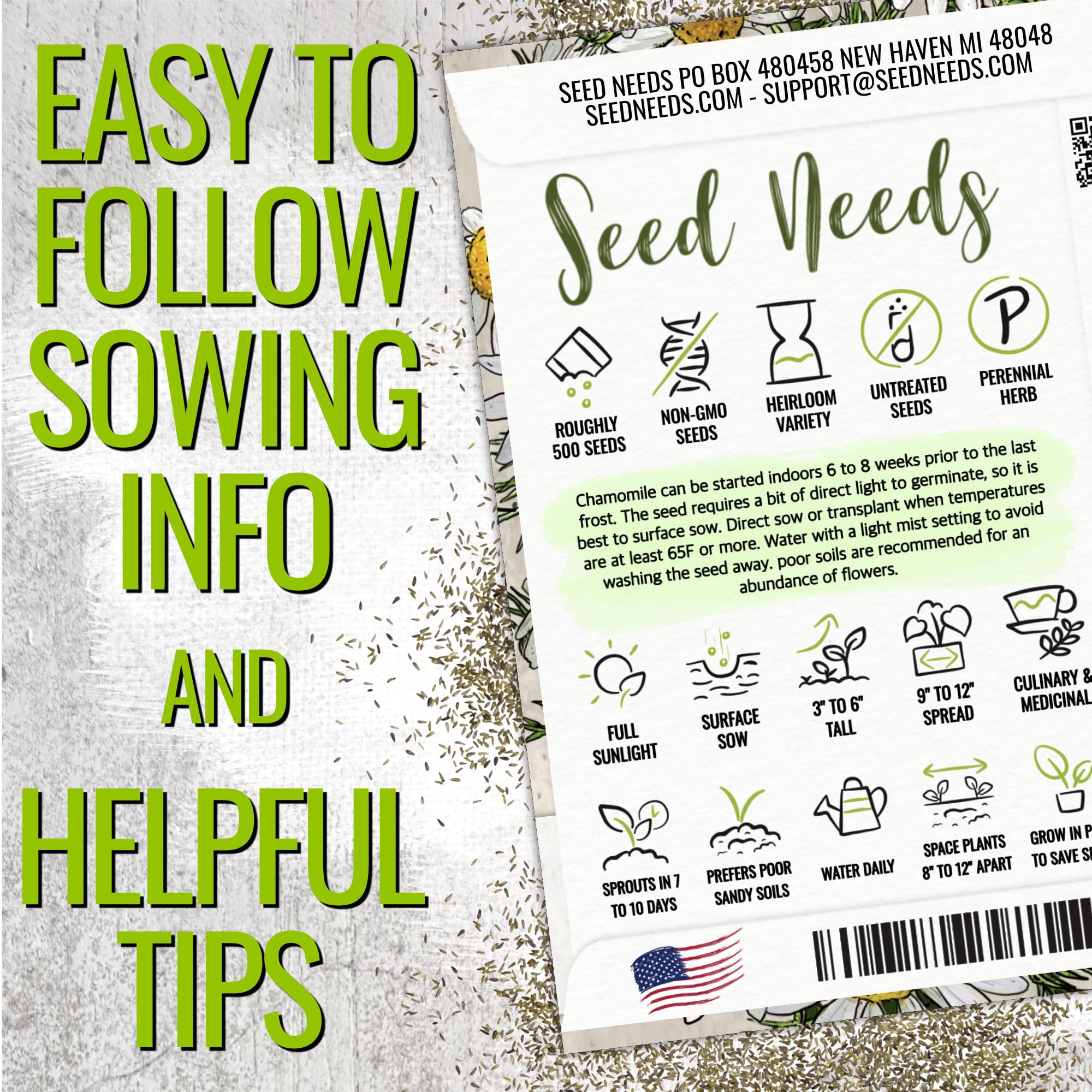 Seed Needs German chamomile self-seeding in garden beds.