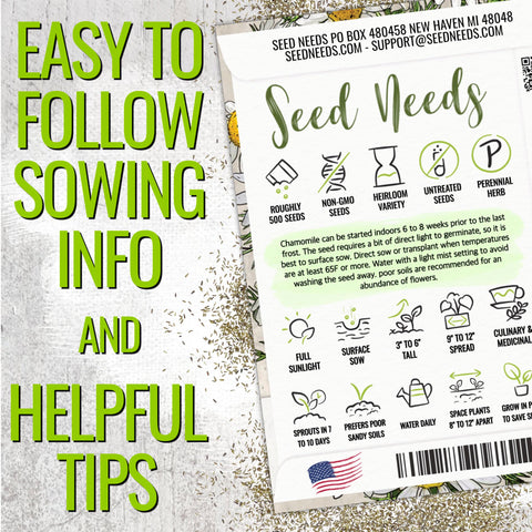 Seed Needs German chamomile self-seeding in garden beds.