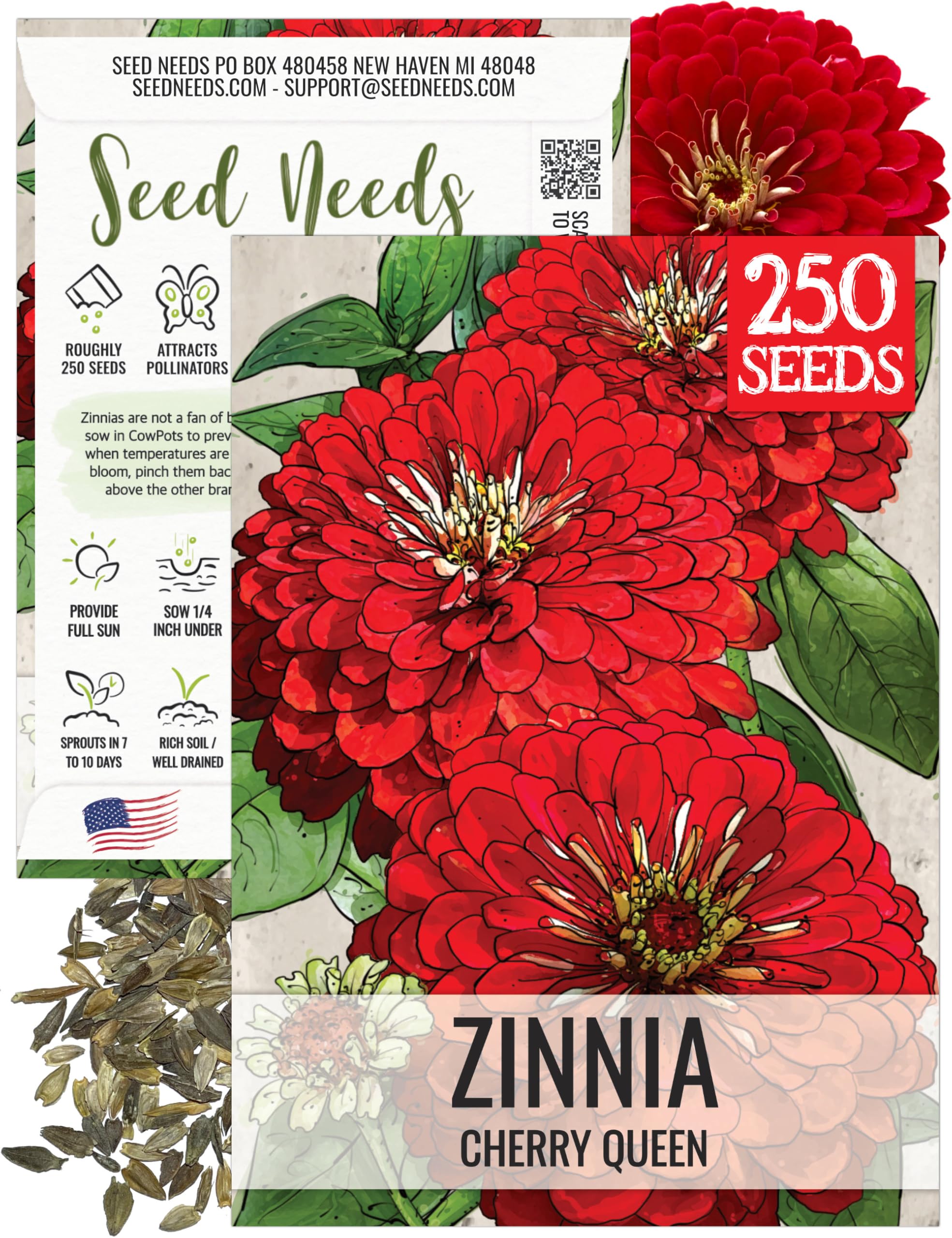 Seed Needs Cherry Queen Zinnia seeds packet ready for sowing and borders.