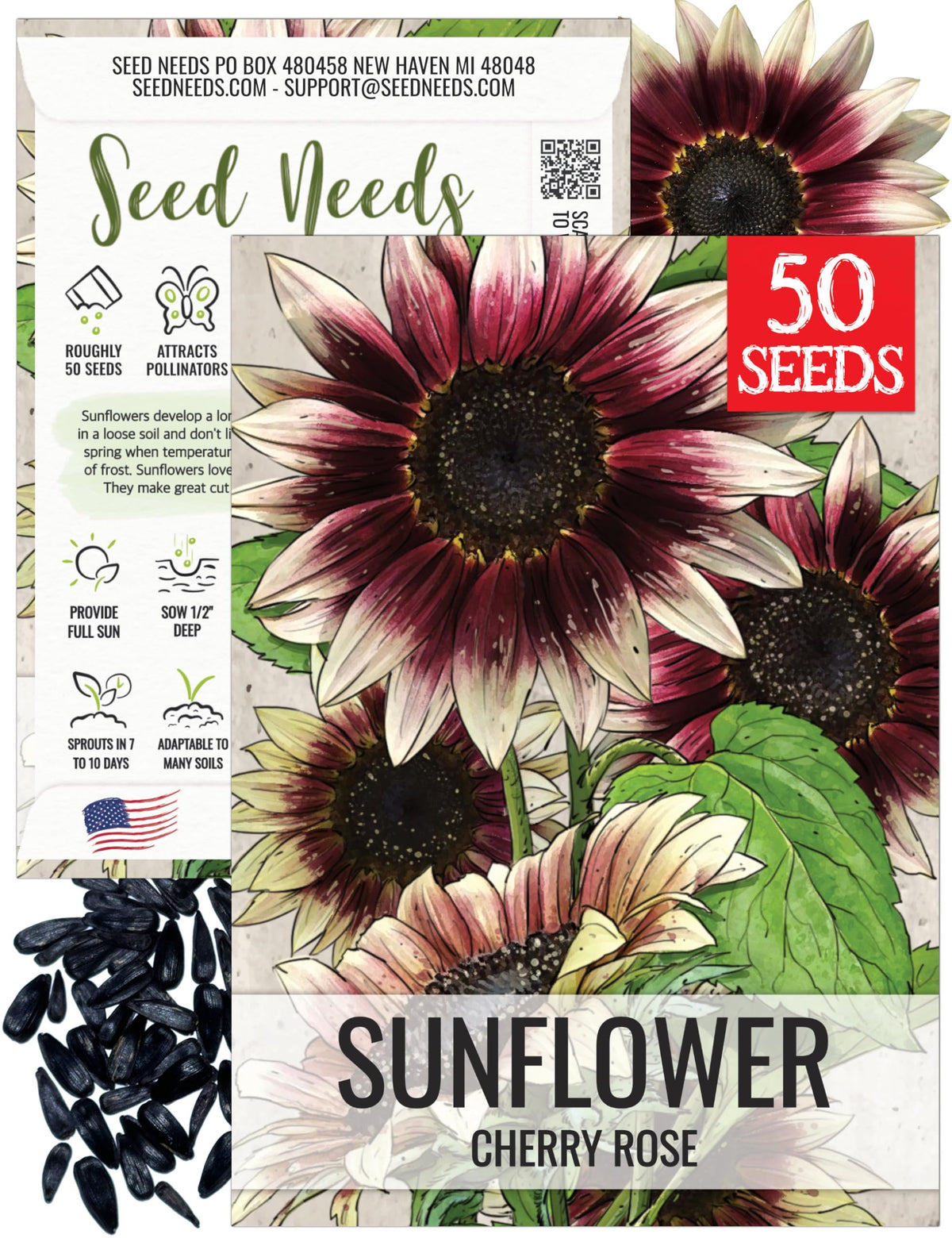 Seed Needs Cherry Rose Sunflower bloom close-up, bi-color petals for eye-catching displays.