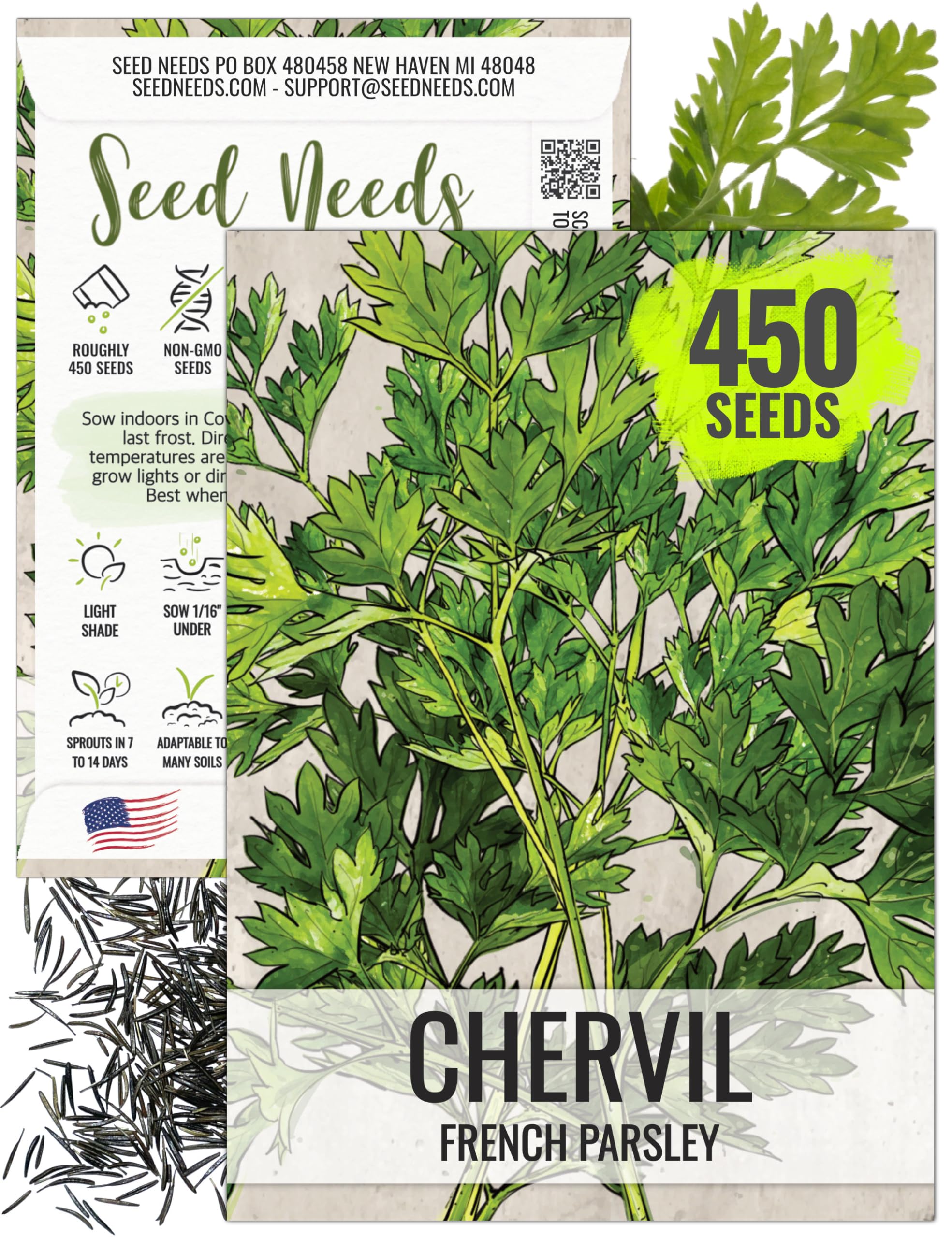 Seed Needs chervil seeds package art with sowing guidance