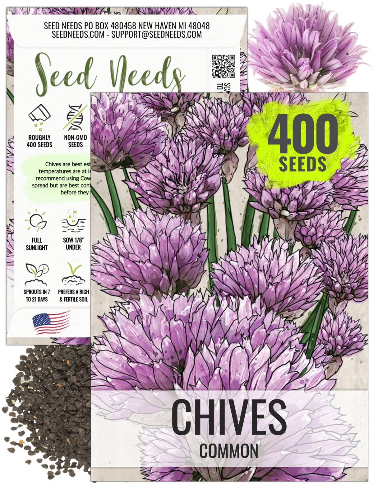 Seed Needs chive seeds packet offers non-GMO heirloom seeds for home gardens.