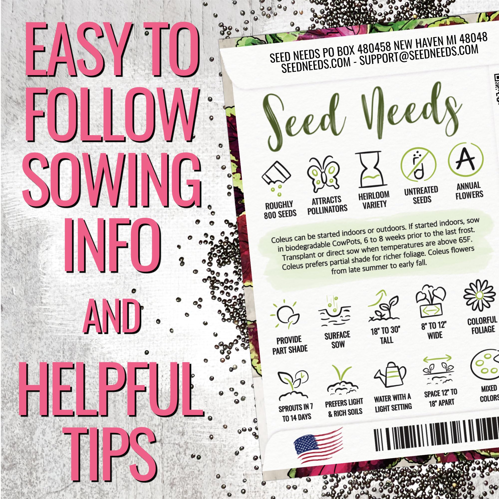 Seed Needs Coleus Seeds surface sowing and light misting for quick germination.