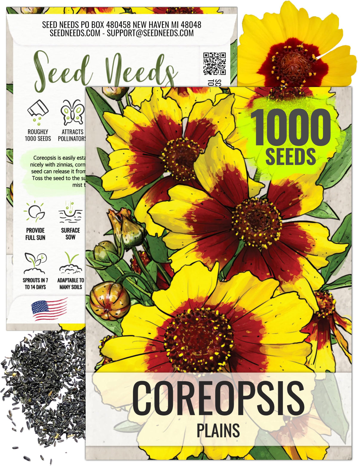 Seed Needs Coreopsis Plains seed packet front promoting colorful blooms