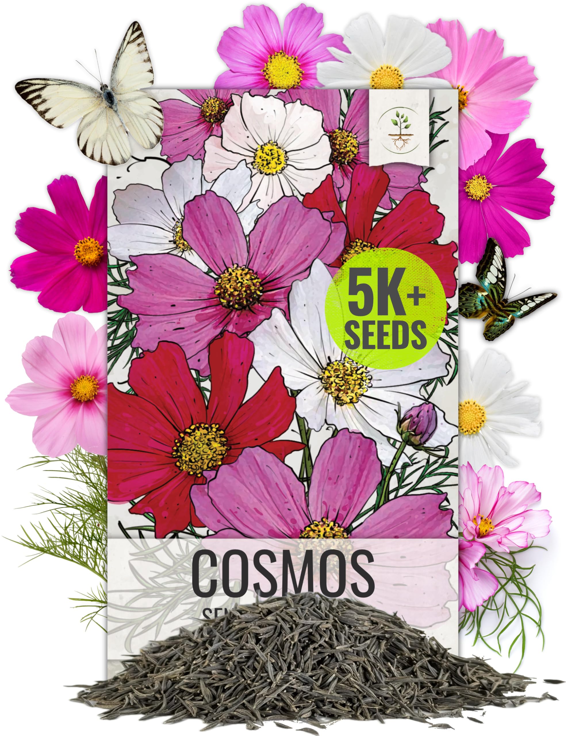 Seed Needs Cosmos Sensation Mix cover photo; vibrant display of pink, white, and red blooms for pollinator-friendly color