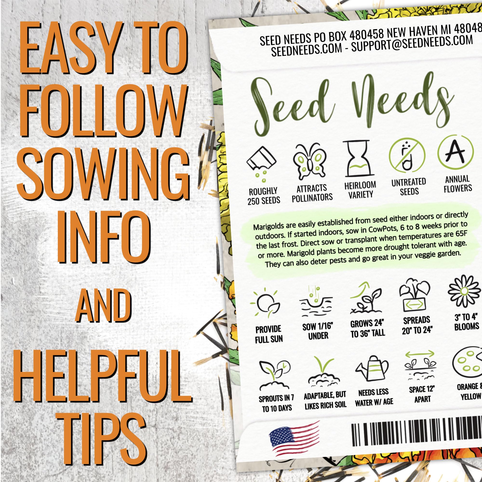 Seed Needs Crackerjack marigold border planting for color and visual impact.