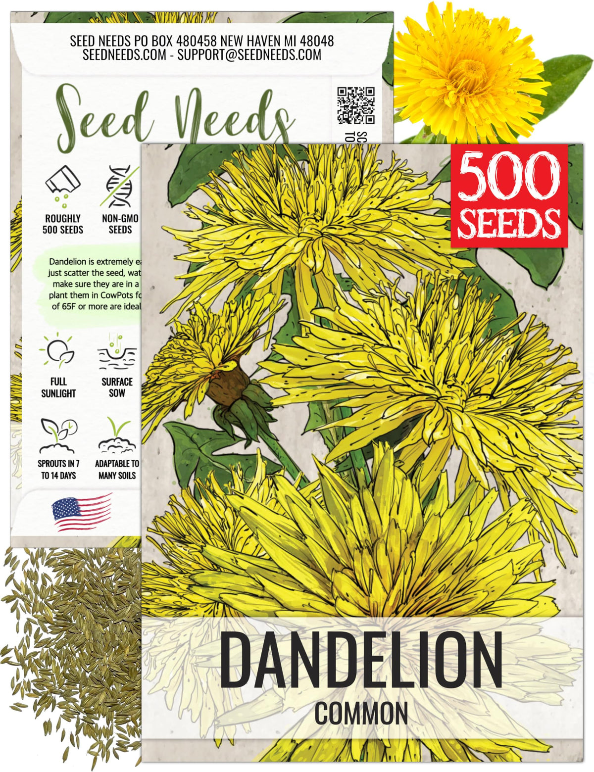 Seed Needs Dandelion seeds packet front, ready for home gardening and fresh greens.