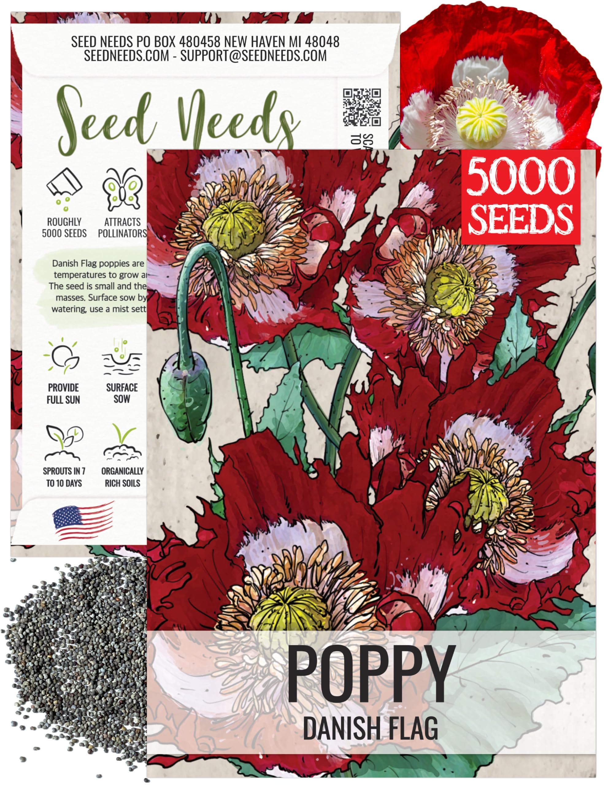 Seed Needs Danish Flag Poppy bloom shows red petals with a white cross for vibrant garden color.