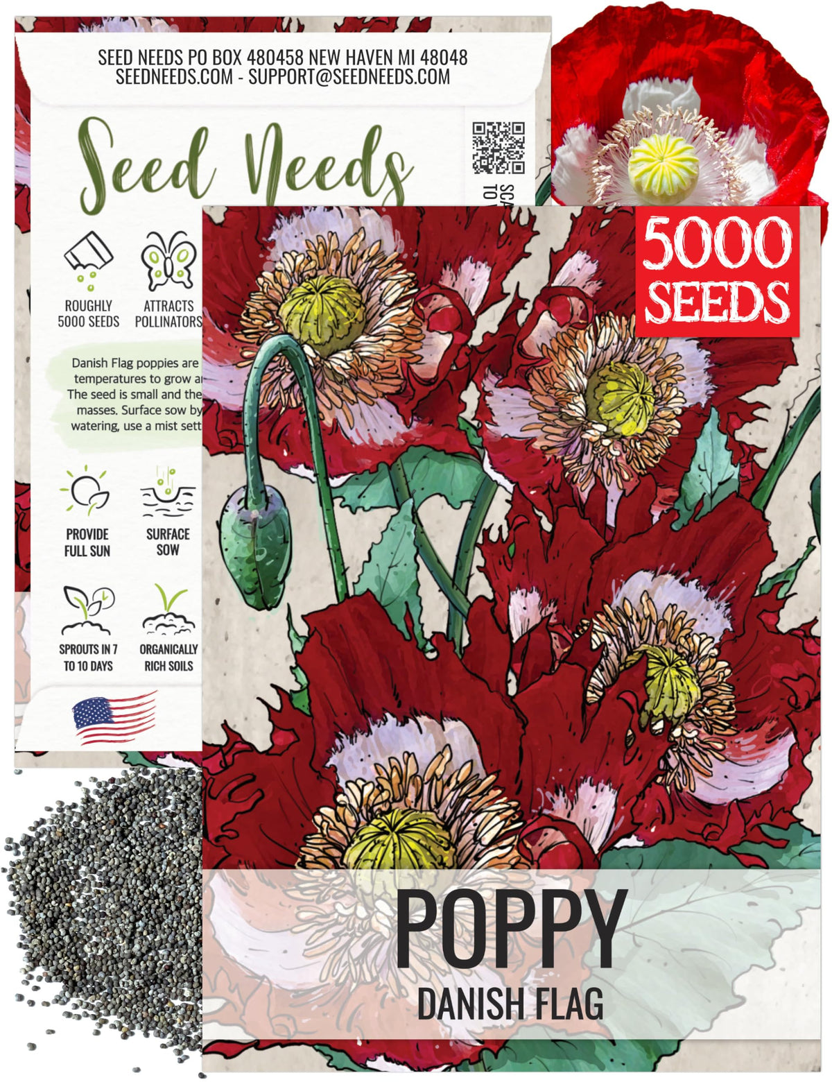 Seed Needs Danish Flag Poppy bloom shows red petals with a white cross for vibrant garden color.