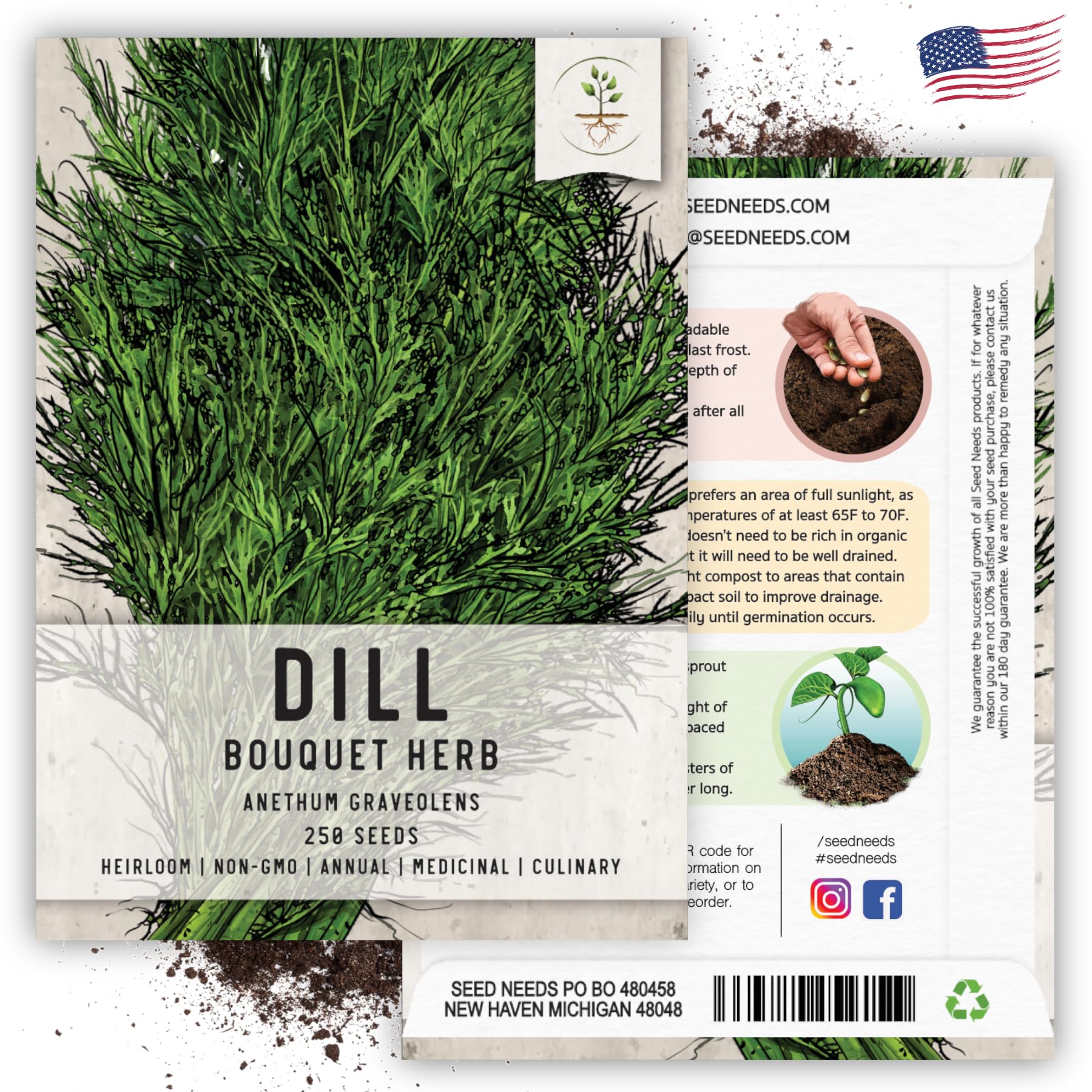 Seed Needs dill seeds packaging highlights freshness and germination potential