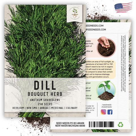 Seed Needs dill seeds packaging highlights freshness and germination potential