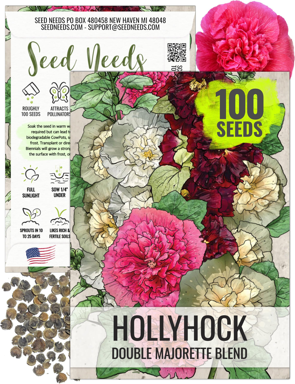 Seed Needs double majorette hollyhock seed packet front for cottage gardens and pollinator-friendly beds