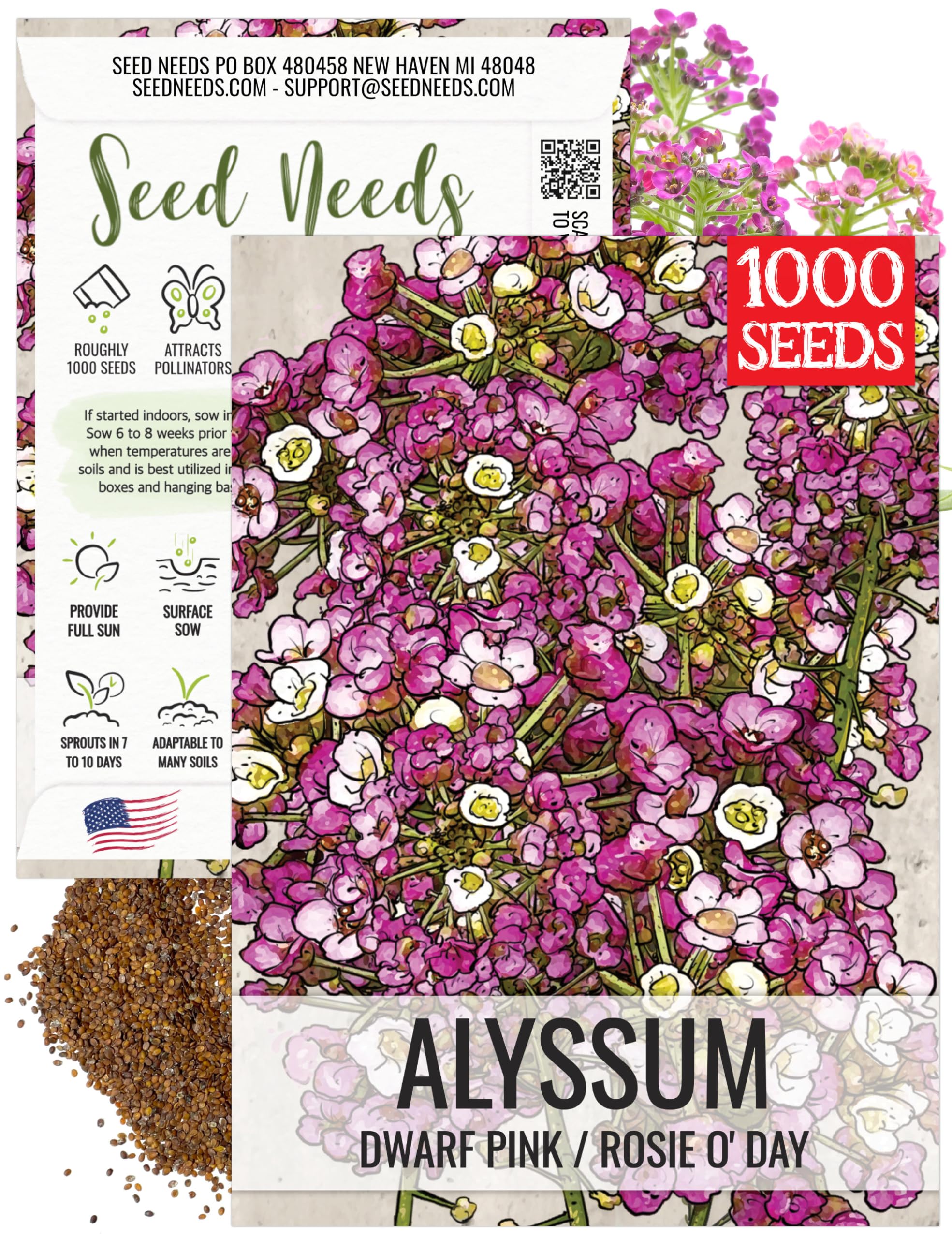 Seed Needs Dwarf Pink Alyssum seed packet illustration for easy planting guidance.