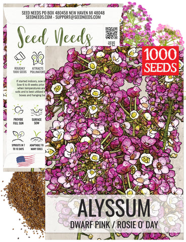Seed Needs Dwarf Pink Alyssum seed packet illustration for easy planting guidance.