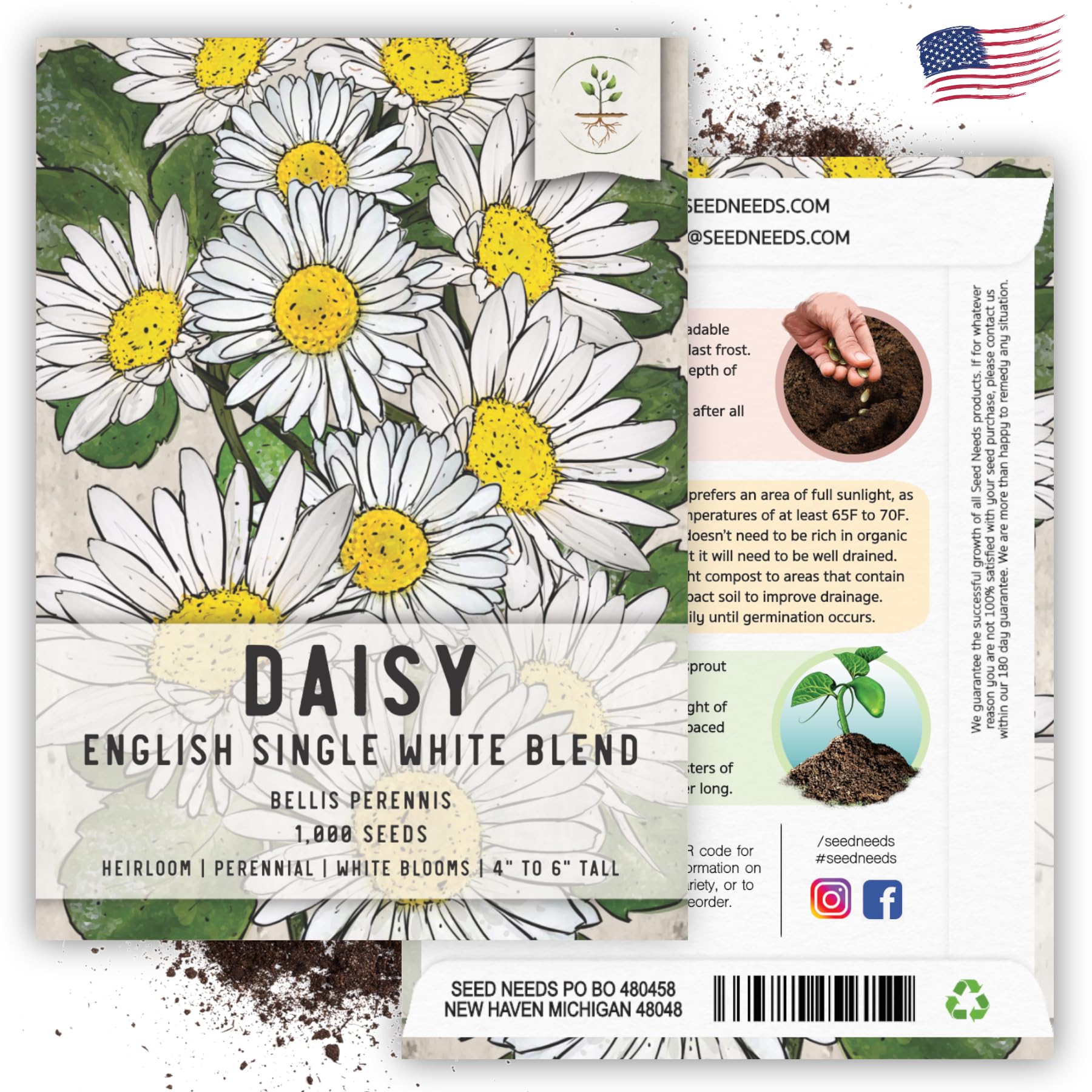 Seed Needs packaging shows sowing steps and freshness details