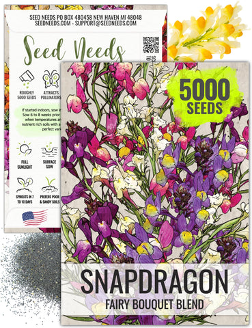 Seed Needs Fairy Bouquet Snapdragon seeds pack front shows heirloom blend for pollinator gardens.