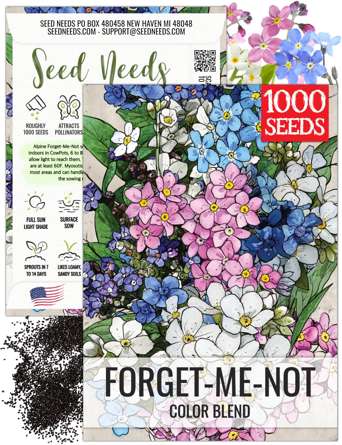 Seed Needs Forget-Me-Not seeds packet front with heirloom art, ideal for pollinator borders