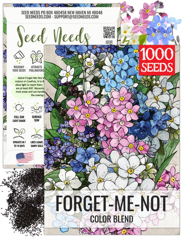 Seed Needs Forget-Me-Not seeds packet front with heirloom art, ideal for pollinator borders